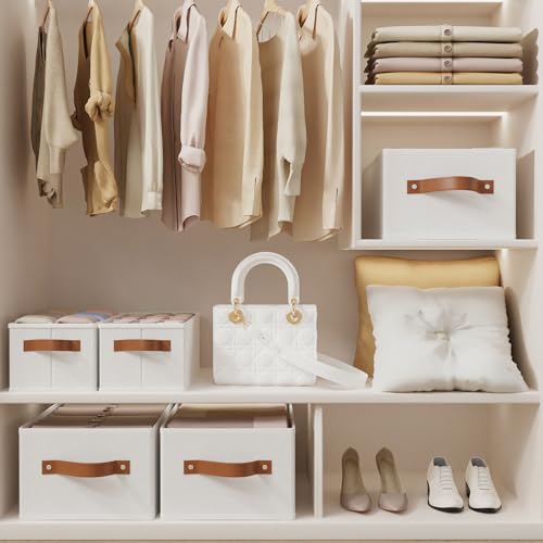 OUTBROS Fabric Storage Boxes, Foldable Bins With Handles, Wardrobe Baskets for Organizing, For bedrooms, living rooms, Shelves, White, 16.1 x 6.5 x 9.8 inch, 6-Pack - color: White, size: 16.1x6.5x9.8in(6-Pack）