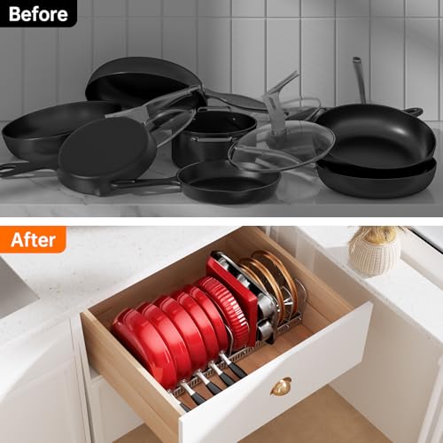 MUDEELA Pot Rack - Expandable Pots and Pans Organizer under Cabinet, Pot Lid Organizer Holder with 12 Adjustable Compartment, Kitchen Cabinet Organizer and Storage for Cutting Board, Skillets Pan - style: 12 Dividers-Silver