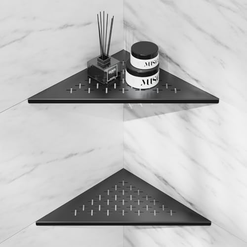 lives 2 Pack Corner Shower Shelf 10" Slot Design Recessed Shower Shelves for Tiled Wall, 304 Stainless Steel Corner Shelf for Bathroom, No Drilling Needed (Matte Black, Cross) - color: Black-cross Pattern, size: Triangle-2pcs