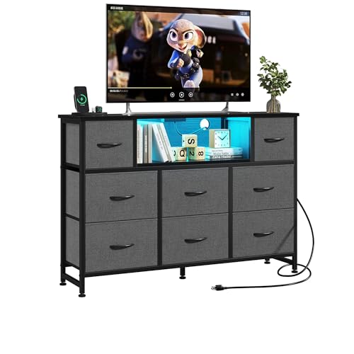 Simple Deluxe TV Stand Dresser with 8 Fabric Drawers and Open Shelves, Entertainment Center with LED Lights & Charging Station, Wood Top for 45" -55" TV, for Bedroom/Living Room/Hallway, Grey - color: Grey, size: 47.24"D x 11.81"W x 31.5"H (8 Drawers)