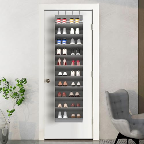 REGELETO 10 Tiers Large Size Over Door Shoe Organizer Storage, Hanging Shoe Rack for Door with Deep Pockets, Fit 20-30 Pairs Shoe Organizer Holder for Sneakers and Boots (Grey) - color: Grey-10 cell
