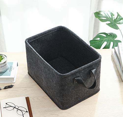 Collapsible Storage Bins Foldable Felt Fabric Storage Basket Organizer Boxes Containers with Handles PU Handles for Nursery Toys,Kids Room,Clothes,Towels,Magazine (PU-Dark grey, 15.9L×11W×9.8H) - color: PU-Dark grey, size: 15.9L×11W×9.8H
