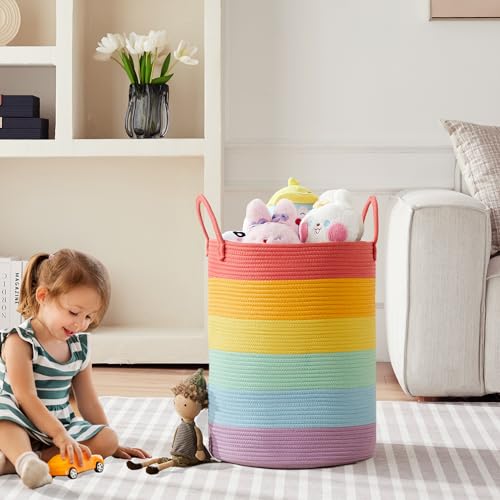 Rainbow 15"Dx20"H Baby Girls Kids Laundry Hamper Basket for Nursery Toddler Clothes Blanket Toy Storage Woven Rope Unicorn Hamper in Playroom Bedroom 60L Large - color: Rainbow, size: Large (60L)
