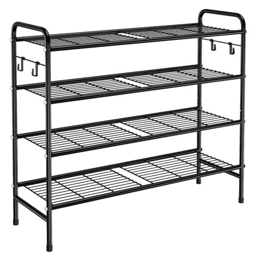 VILICK 4-Tier Shoe Rack 33" Wide Metal Shoe Organizer Long Shoe Storage with 4 Side Hooks Sturdy Shoes Shelf for Closet, Front Door Entrance, Garage, Dorm, Black - size: 4-Tier (11"x 33"x 30.5")