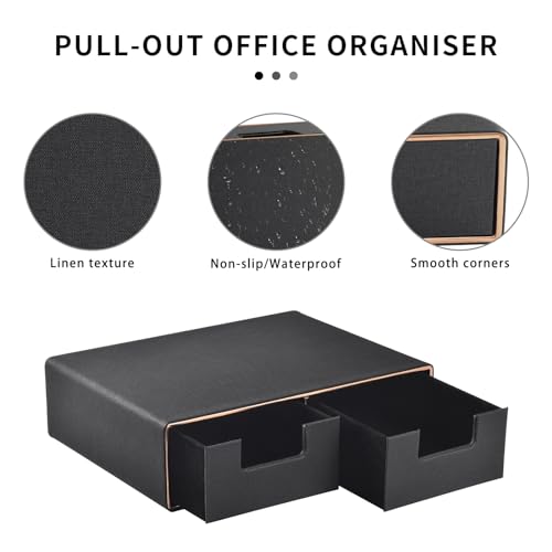 Linen Leather Desk Organizer and monitor stand with Drawers－Mini Desktop Drawer Organizer Stackable－Tabletop Organization Storage Box for Office Supplies Home Vanity Toiletries (Black, 2-drawers) - color: Black