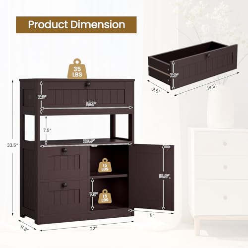 GRUSIGN Bathroom Cabinet, Modern Bathroom Floor Storage Cabinet Organizer with 1 Door and 3 Drawers, Freestanding Cupboard for Kitchen/Living Room Use - color: Brown2