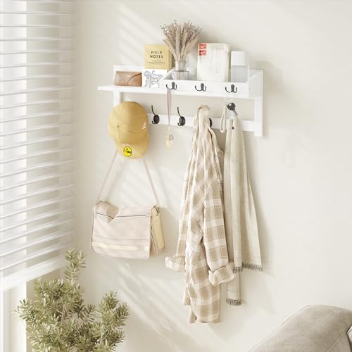 AMBIRD Wall Hooks with Shelf, 26.57 Inch Entryway Wood Coat Hooks for Wall, Coat Rack Wall Mount with 5 Dual Hooks 3 Key Hooks Mail Organizer and Key Rack Holder (White) - color: White, size: 26.57" L