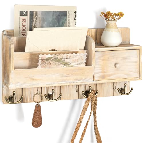 Rebee Vision Pine Wood Key Holder Wall Mount with Mail Sorter - Decorative Entryway Mail Organizer Wall Mounted with Key Hooks and Drawer Organizer - Home Essentials for Room Decor (Natural Wood) - color: Natural