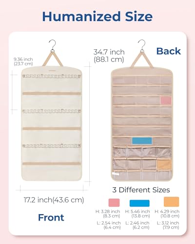 BAGSMART Hanging Jewelry Organizer, Necklace Holder Anti-tangle Earrings Rings Hanger with Pockets Hang on Closet, Wall, Door,1 Piece, Extra Large Beige - color: Beige, size: X-Large - Standard