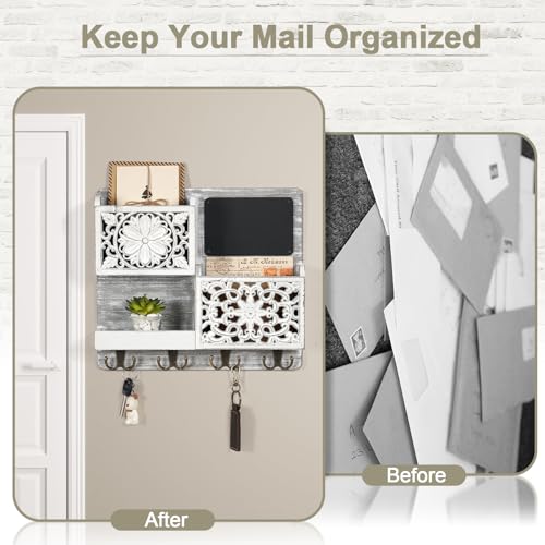 Mail Organizer Wall Mounted, 2 Slots Key Holder for Wall with 8 Hooks, Rustic Wood Key Rack with Shelf for Entryway Hallwall Farmhouse - size: Large