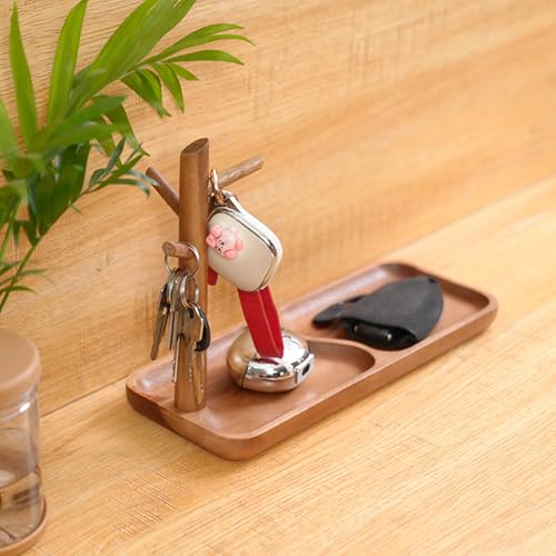 Wooden Jewelry Stand, 2-in-1 Entryway Key Tray & Desk Organizer, Multi-Compartment Vanity Jewelry Holder, Solid Wood Entryway Organizer for Necklaces, Rings, Earrings, Minimalist Home Decor