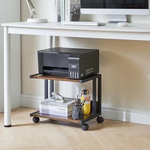 IBUYKE Under Desk Printer Stand,2 Tier Printer Cart,Mobile Home Desktop Organizer Shelf with 4 Wheels,for Fax, Home Office Use，Rustic Brown UTLJ007H - color: Brown, size: with wheels