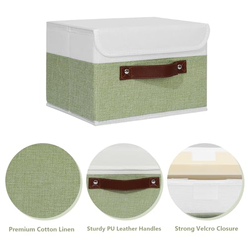 ANMINY Storage Boxes with Lids Washable Decorative Storage Bins Basket with PU Leather Handle Foldable Linen Fabric Storage Cubes Containers for Home Closet Organizer - Green White, Small Size - color: Green White, size: Small (Pack of 1)