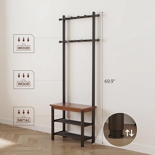Coat Rack with Shoe Storage, Wood and Metal Frame, Entryway Hall Tree with Bench, Featuring 11 Hooks and 2-Tier Storage Shelves, 3-in-1, Entry Bench with Coat Rack (23.6" Walnut) - size: 60