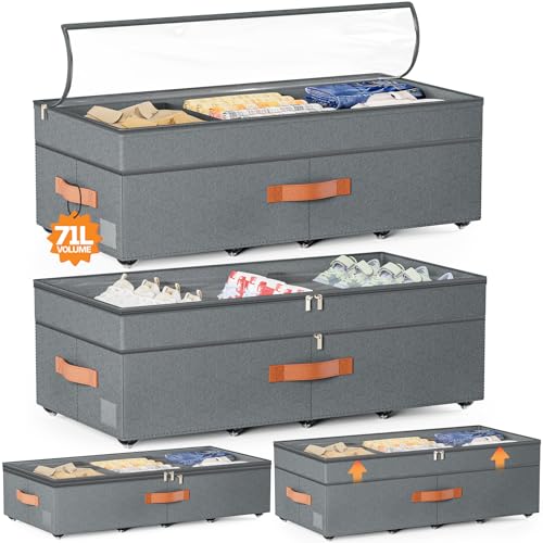 Dayacoco Under Bed Storage with Wheels, 2Pack 71L Under the Bed Storage Containers, Adjustable Underbed Drawer with Lids, Underbed storage Rolling Bin for Shoes, Clothes, Blankets, Grey - size: 8.5-11.5 inch height-grey