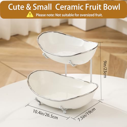 2 Tier Ceramic Fruit Bowl for Kitchen Counter, Tiered Fruit Basket for Countertop, Modern Multi Layer Fruit Display Stand for Party, Cute (Silver-rimmed, Small) - color: Silver-rimmed, size: Small