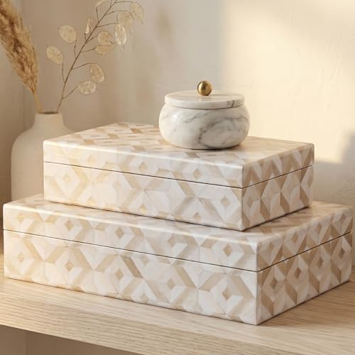 ZICOTO Decorative Storage Boxes with Lids - Set of 2 Beautiful Organizer Bins for Your Bookshelf Home Decor - Safely Store Photos, Documents and Memory Box Keepsakes on Your Shelves in Style - color: Beige