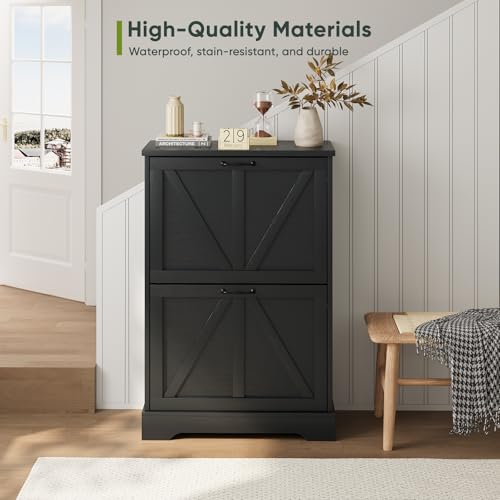 Smart FENDEE Shoe Cabinet, Shoe Storage Cabinet for Entryway with 2 Flip Drawers, Narrow Farmhouse Shoe Organizer Cabinet, Slim Shoe Rack Cabinet, 23.6in Black - color: Black, size: Width - 23.6 inches