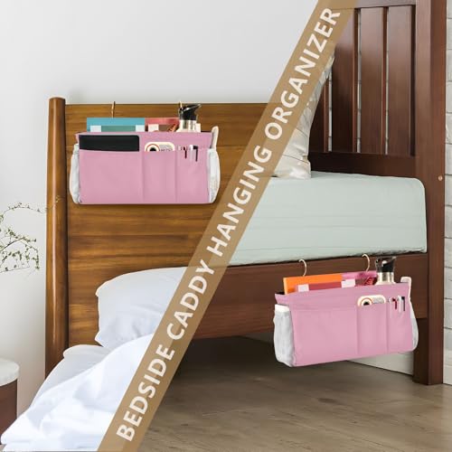 Rose Red Bedside Caddy Storage Bag Bedside Organizer for Dorm Room Top Bunk Bed Hanging Storage Organizer 6 Pockets with Hooks for Book Glasses Phone Holder - color: Rose Red