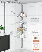 ALLZONE Corner Shower Caddy Tension Pole with 4 Repositionable Hang-On Baskets, Mixed-Height Shelves for Tall Bottles, 8 Dual Hooks & Soap Dish, Rust-Resistant Stainless Steel, Adjustable 34-116 Inch