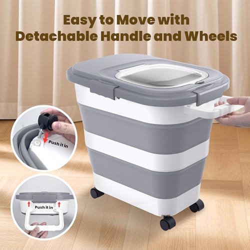 HOYTAMDA 25-35Lbs Rice Container,Collapsible Airtight Food Storage Containers with Wheels,Handle,Rice Storage Container with Small Bin and Scoop,Rice Dispenser for Flour Sugar Cereal Grain Dog Cat - color: Grey/25-35lbs