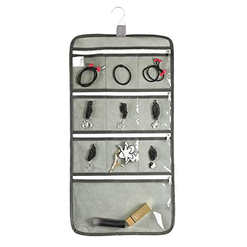 Hanging Jewelry Organizer with 10 Zippered Clear Pockets for Travel Suitcase and Home Closet Jewelry Storage Bag (GREY) - color: GREY