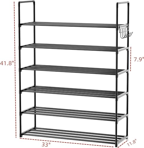 Metal Shoe Organizer,6 Tiers Shoe Storage Shoe Rack with Hooks,Fit 24-30 Pairs,Adjustable Shoe Shelf for Entryway,Hallway,Bedroom,Metal Bottom Support - size: 6 Tier