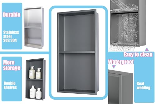 No Tile Ready Gunmetal Shower Niche,Stainless Steel Shower Wall Niche Inserts(Gery, 24 * 12 in) - color: Grey, size: 24 * 12 in
