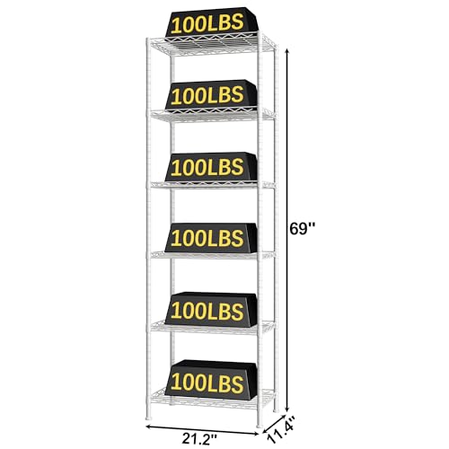 HOMEFORT 6-Shelving Unit, Adjustable Wire Shelving, Metal Wire Shelf Rack Organizer for Kitchen, Pantry, Closet, Bathroom, Laundry, White, 21" W x 11" D x 69" H - color: White, size: 21"W x 11"D x 69"H