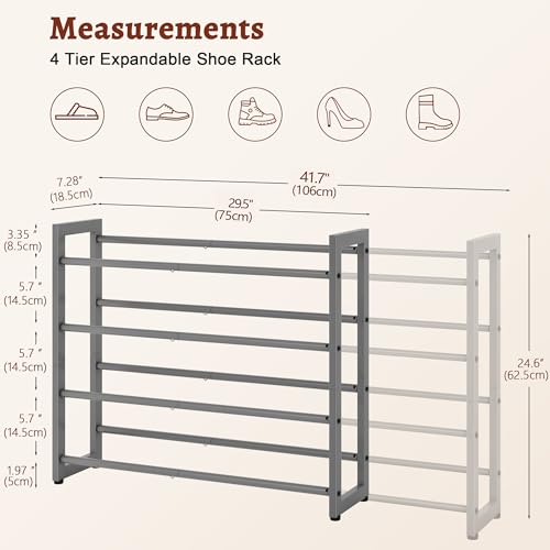 FAVOOSTY 4-Tier Expandable Shoe Rack, Adjustable Shoe Shelf Storage Organizer Space Saving Metal Free Standing Shoe Rack for Entryway Closet Doorway, Silver Grey - color: Silver Gray, size: 4 Tier