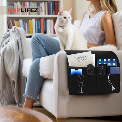 Remote Holder for Recliner Armchair & Couch, Non Slip Sofa Armrest Organizer Caddy with 6 Pockets Thick Linen Fabric Storage for Tablet, Phone, 19x35 Inches, Black - color: Black