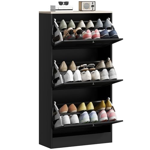 HOMCOM Narrow Shoe Storage Cabinet for Entryway with 3 Flip Drawers and Adjustable Shelves, Shoe Rack Organizer for 18 Pairs of Shoes, Black - color: Black, size: 23.6" x 9.4" x 45.3"