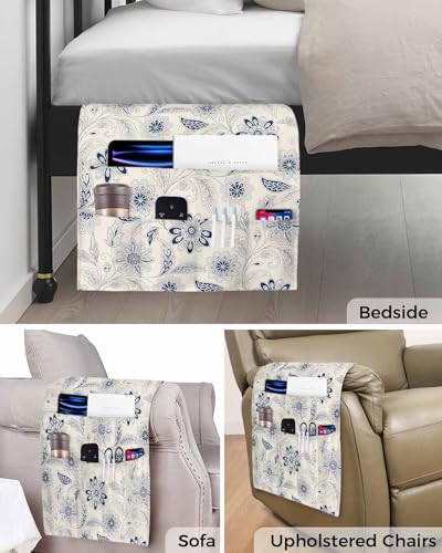Sofa Armrest Organizer Bedside Caddy, Vintage Blue Floral Non Slip Couch Remote Control Holder for Recliner, Rustic Abstract Flower Burlap Arm Chair Caddy with Pocket for Magazine Phone, 19.7"x35" - color: Navy, size: 19.7x35 in
