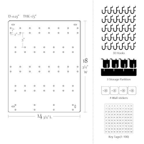 PROSPACE P0004 Acrylic Key Hooks Upgrade Thick Buckle 14 3/4ʺW x 18 3/4ʺL Wall-Mounted Key Hanging Board with 30 Hooks for Garage, Car Dealer, Office, Hotel, Real Estate (Matte Black with Pallet)