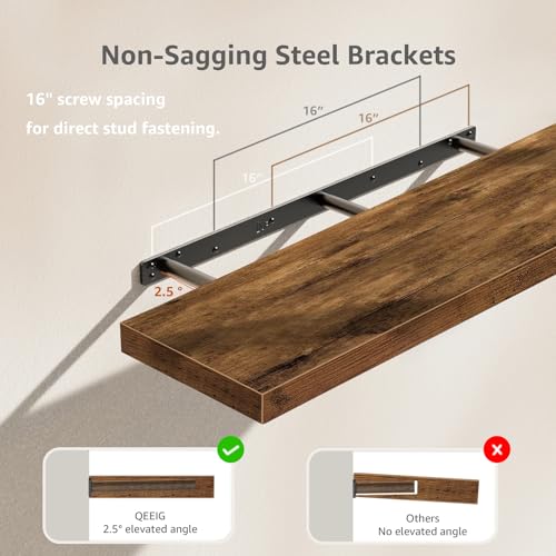 QEEIG Floating Shelves for Wall 39.4" Long - Wall Mounted Shelf Bathroom Kitchen Living Room Bedroom Farmhouse Home Decor Display Bookshelf Large 39.4 x 9.3 inch Set of 2, Rustic Brown (008-100BN) - color: A. Brown, size: 39.4"