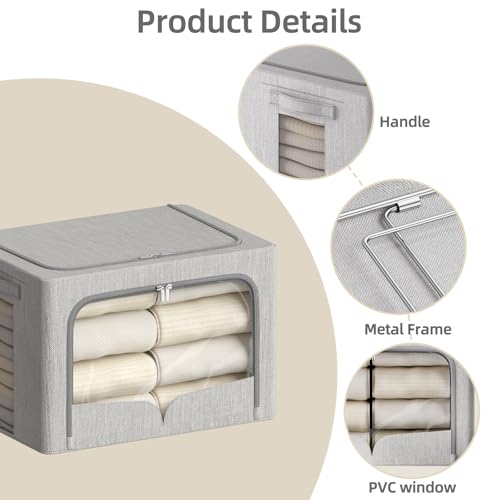 FHSQX 3 Pack Clothes Storage Bins - Foldable Metal Frame Storage Box - Stackable Linen Fabric Container Organizer Set with Carrying Handles and Clear Window (Light Gray, 16.5x12.2x12.2inch(40L)) - color: Light Gray, size: 16.5x12.2x12.2inch(40L)