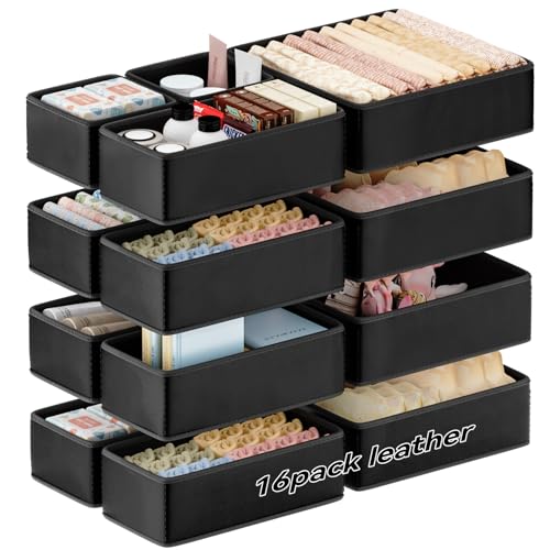 Vegan Leather Drawer Organizers,16 Pack Makeup Storage boxes,Vanity Drawer Luxury upgrade,Bedroom fabric Drawers replacement,bathroom organization and storage Optimal solution - color: black, size: 16 pack