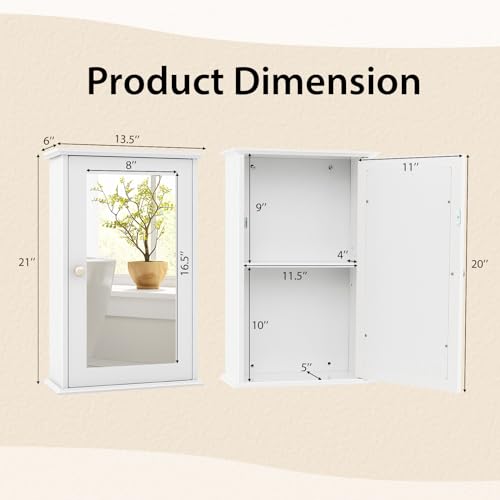 Tangkula Bathroom Medicine Cabinet with Mirror, Wall Mounted Single Mirror Door Storage Cabinet w/Adjustable Shelf, Wall Cabinet w/Reversible Door for Bathroom Living Room Hallway (White) - color: White