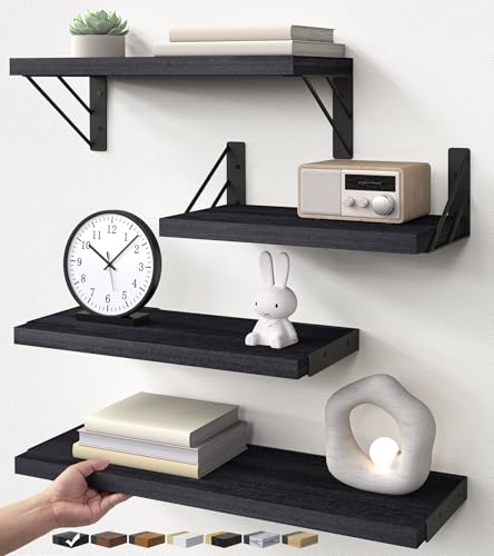 BAYKA Wall Mounted Floating Bathroom Shelves, Wood Wall Shelf for Bathroom Essentials & Decor, Space-Saving Display & Organizer (Black, Set of 4) - color: A. Black Board & Black Brackets, size: 16-inch Mixed