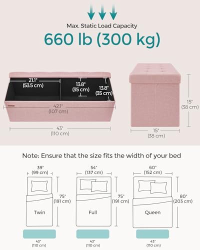 SONGMICS MAZIE Collection - 43 Inches Folding Storage Ottoman Bench, Ottoman Foot Rest, End of Bed Bench, Storage Chest, Load 660 lb, for Living Room, Bedroom, Entryway, Jelly Pink ULSF077R11 - color: Jelly Pink, size: 15"D x 43"W x 15"H