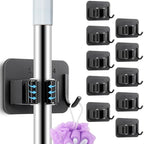 10 Pack Heavy Duty Mop and Broom Holder Wall Mount, No Drill Self Adhesive Stainless Steel Hanger with Hooks, Anti-Slip Tool Organizer for Bathroom, Kitchen, Garage, Laundry Room (10, Black) - color: Black-10
