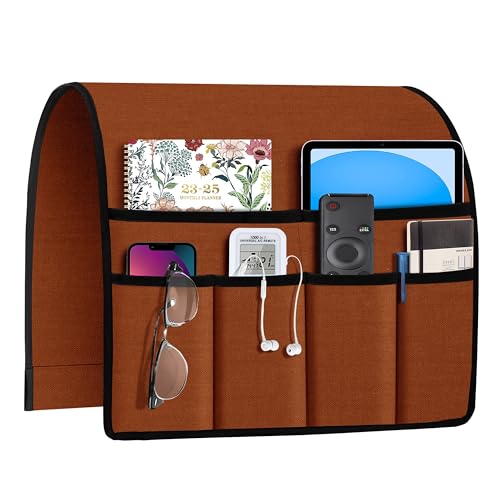 Joywell Armrest Organizer Remote Holder for Recliner Armchair Caddy Couch Sofa Arm Chair Caddie with 6 Pocket Storage for Magazine, Phone, iPad,Terracotta - color: Terracotta, size: 19'' x 35''