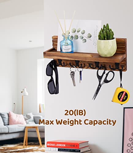 Decorative Key Hanging Rack with 4 Double Hooks – Easy Install Natural Wooden Key and Mail Holder for Wall Mount – Entryway Decor Rack with Shelf (Brown) - color: Brown