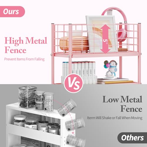 KINGRACK Slim Rolling Storage Cart 4 Tier - Heavy Duty Metal Utility Cart with Raised Edge & Wheels, Narrow Mobile Organizer Shelves for Bathroom, Kitchen, Laundry, Office, Living Room, Pink - color: Pink, size: 4-Tier