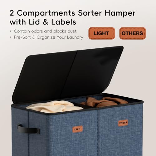 150L Double Laundry Hamper With Lid, Large Clothes Hampers with Removable Bag, Laundry Hamper 2 Section for Bathroom, Bedroom, Laundry Room, Dorm, Navy Blue - color: Navy Bule, size: 150L - 2 Section