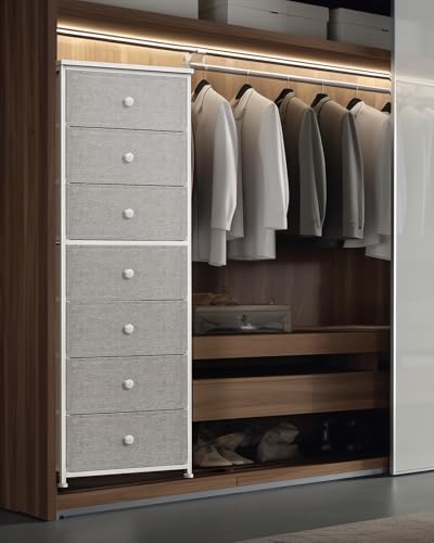 Mifuro Tall Fabric Dresser for Bedroom, Vertical Storage Organizer Tower with 7 Drawers, Chest of Drawers with Bins, Steel Frame, Wood Top for Bedroom, Closet, Entryway Light Grey - color: Light Grey, size: 7 Large Drawers