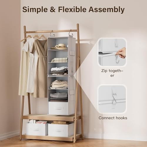 Pipishell 6-Shelf Hanging Closet Organizer with 2 Separable 3-Tier Shelves, 3 Drawers & Side Pockets Closet Organizers and Storage for Wardrobe Organization and Nursery Clothes Organizer, White - color: White