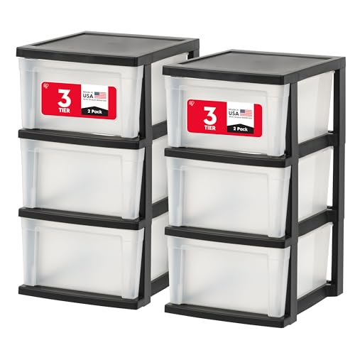 IRIS USA Plastic Drawer Storage Organizer, 3-Drawers, 2-Pack, for Classroom Art Craft Supplies, Bathroom Bedroom, Laundry Room, Black/Clear