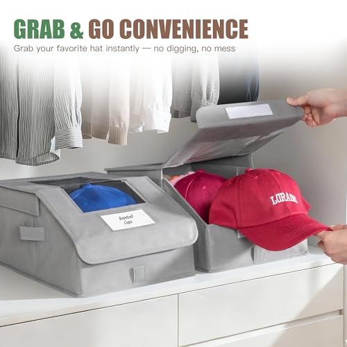 Hat Organizer for Baseball Caps, 2 Pack Stackable Hat Storage Boxes with Clear Window, Holds up to 28 Caps, Foldable Hat Organizer for Closet & Shelf, Grey