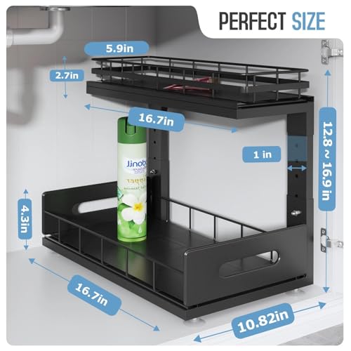 Under Sink Organizer Upgrade To Professional Rails,2-Tier Dual Pull Out Cabinet Storage,Height Adjustable Slide Out Drawers For Bathroom Kitchen,2 Pack-16.7"Dx12.8"-16.9"H,Black - color: Black, size: 2 Pack-16.7"Dx12.8"-16.9"H